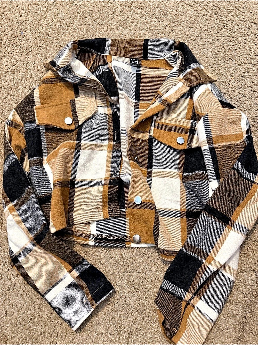 SHEIN EZwear Plaid Print Flap Pocket Crop Jacket Brown & Black